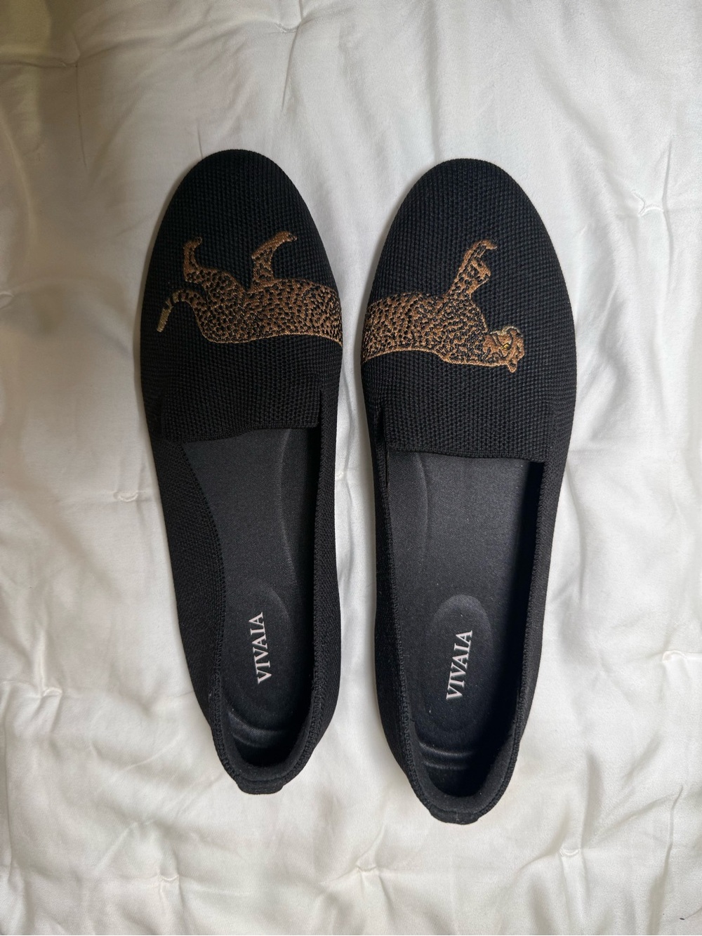 VIVAIA Black Slip-On Flats with Gold Leopard Motif